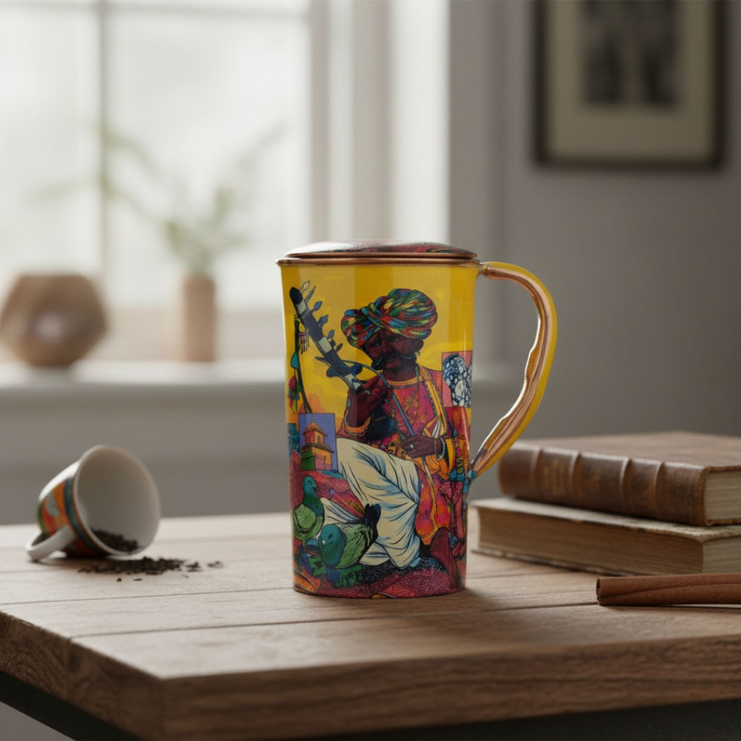 Pure copper printed jug padharo mhare desh design rajsthanimusician, 1500 ML